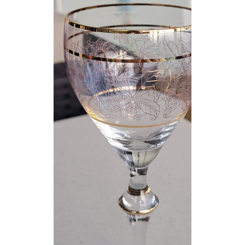 Vintage Crystal Wine Glasses Gold Etched & Banded Stemware Set/2 - Picture 8 of 13